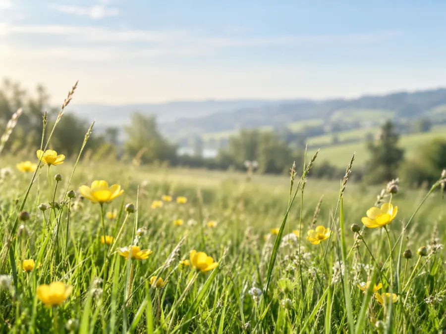 Prairie de printemps avec boutons d'or sous un ciel clair